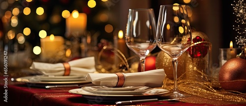 Festive Christmas Dining Table Setting with Shimmering Ornaments, Ideal for Holiday Celebrations