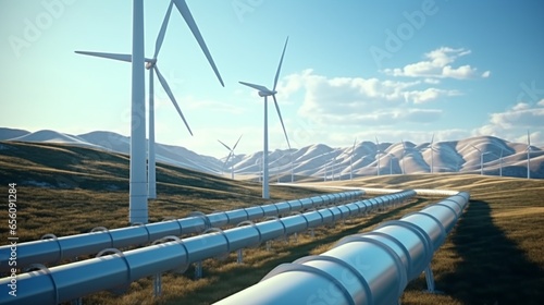 a hydrogen pipeline with windmills in the fiery meadows Created with AI