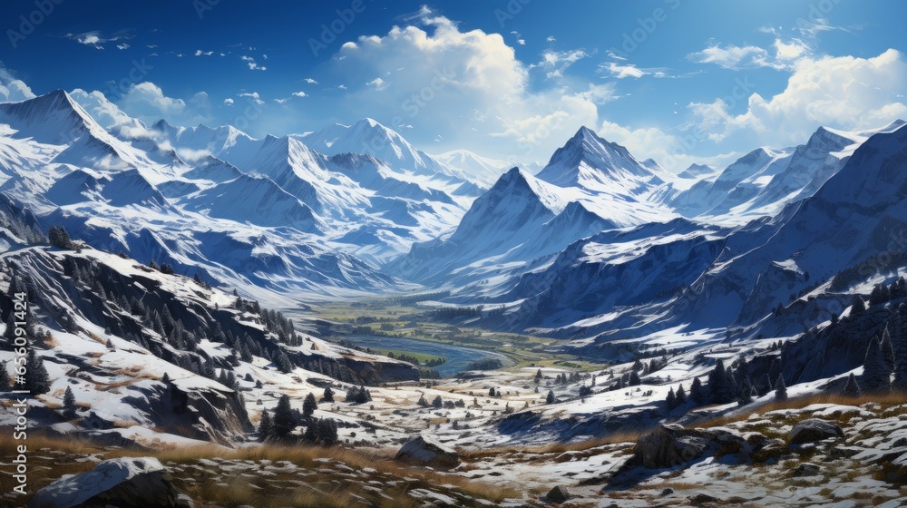 Serene Majesty: Immersive Winter Scenes Amidst Alpine Splendor, generative AI