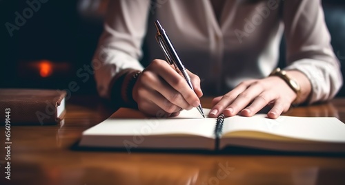 Close up of man's hands writing in spiral notepad placed on wooden desktop with various items