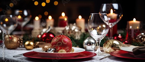 Chrstmas table setting  festive dinner decoration  ai generated