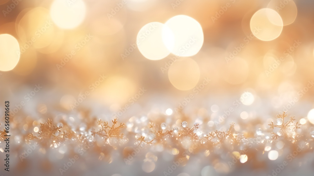 Abstract winter snow with golden snowflakes and bokeh. Festive minimal background. Abstract winter snow with golden snowflakes and bokeh. Festive minimal background.