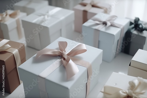 Gift boxes with ribbon on white table close-up