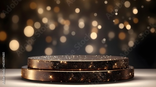 Empty dark pedestal with golden shiny lights, festive background. Modern product display. Minimal mockup template.