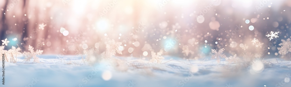 Abstract winter snow with white snowflakes confetti and bokeh. Festive minimal background. - obrazy, fototapety, plakaty 
