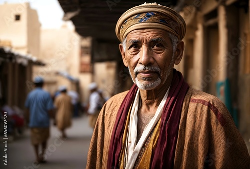 Portrait of elderly Egyptian man in traditional clothing style , diversity, ethnicity background, people banner, copy space text 