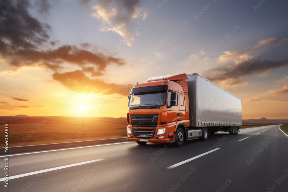 Truck with container on the highway on blurred background. Cargo transportation concept. Generative AI