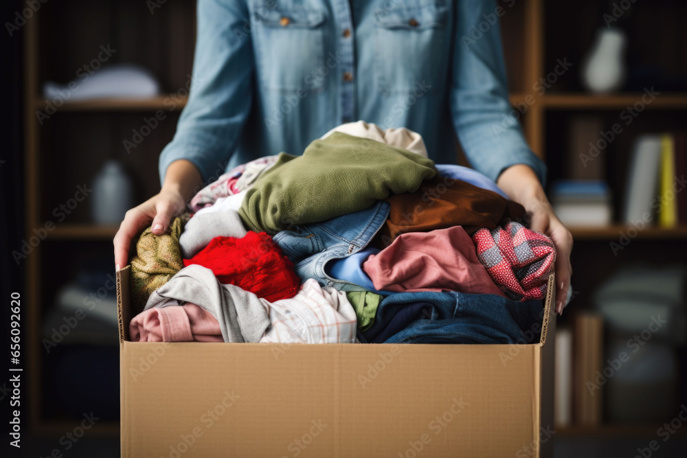 Obraz premium Volunteer holds a clothes donation box filled with clothing and household items. Generative AI