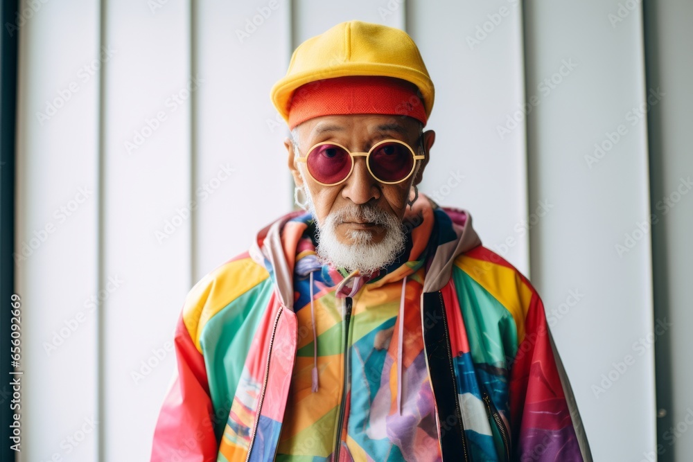 Portrait of an old man in a cap and a colorful jacket. Portrait of an old man in a cap and a colorful jacket.