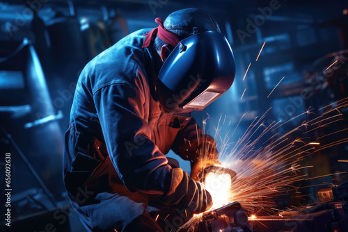 Worker welder performs arc welding in factories. Generative AI