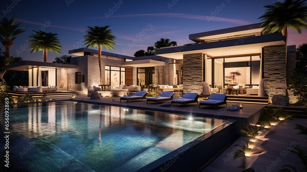 real estate Luxury Interior and exterior design pool villa with swimming pool and palm trees 
