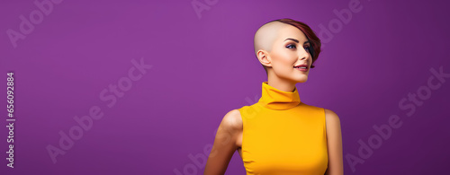 Young pretty bald woman with shaved head isolated on purple flat background with copy space. Baldness, alopecia areata from radiation therapy. photo