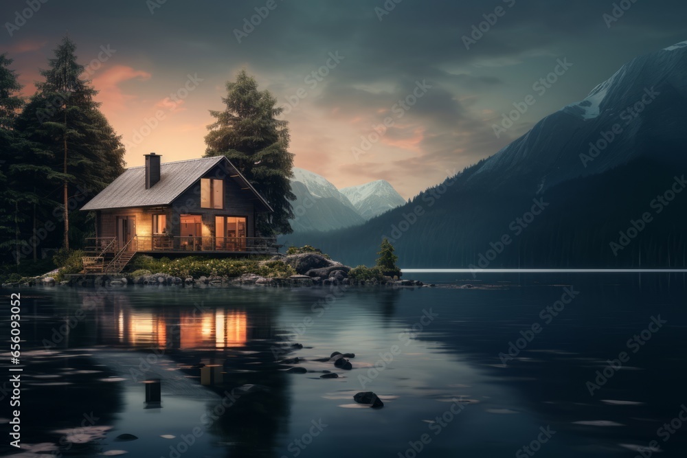 Lonely wooden house by the lake at dusk in Scandinavian winter remoteness of nature Generative Ai - obrazy, fototapety, plakaty 