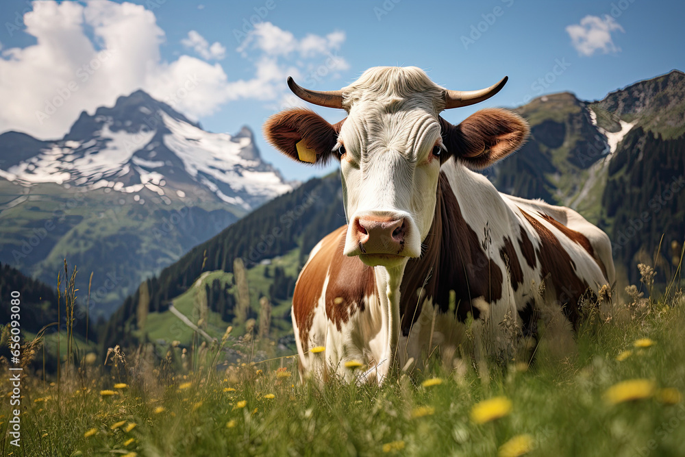 Scenic alpine meadow with cows grazing in the Swiss countryside. Idyllic summer landscape beneath blue skies and majestic mountains