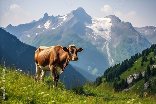 Scenic alpine meadow with cows grazing in the Swiss countryside. Idyllic summer landscape beneath blue skies and majestic mountains