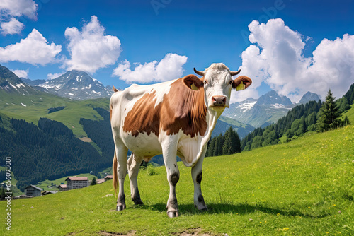 Scenic alpine meadow with cows grazing in the Swiss countryside. Idyllic summer landscape beneath blue skies and majestic mountains