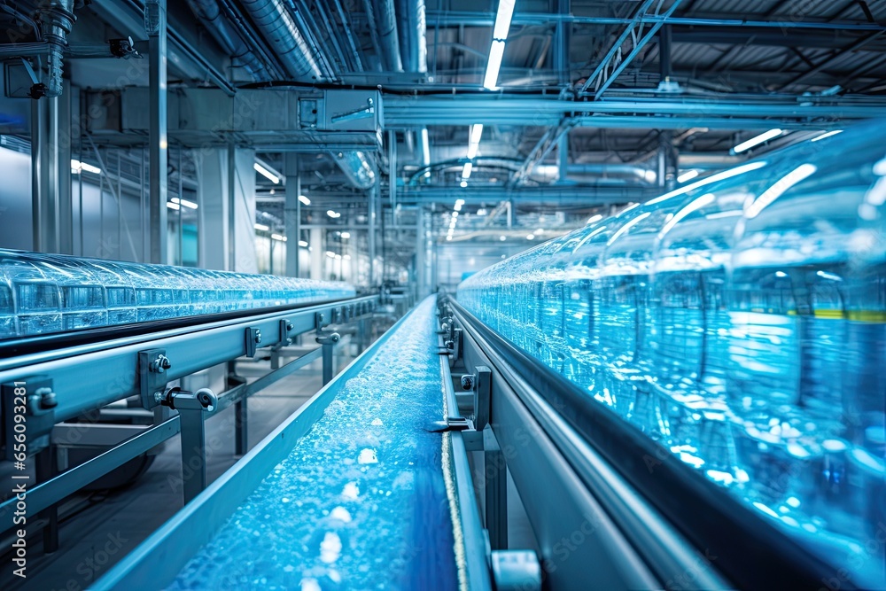 Fototapeta premium High-tech industrial water bottling plant in action. Automated machinery ensures pure and fresh water production, promoting ecological health.
