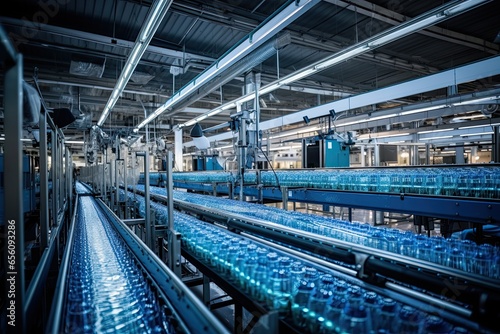 High-tech industrial water bottling plant in action. Automated machinery ensures pure and fresh water production, promoting ecological health.