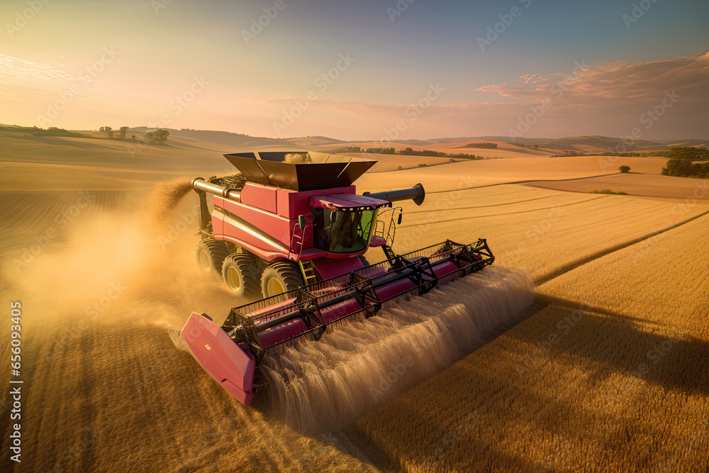 Fototapeta premium Harvesting season in the rural countryside. Agricultural machinery at work, collecting golden crops under the vast blue sky.