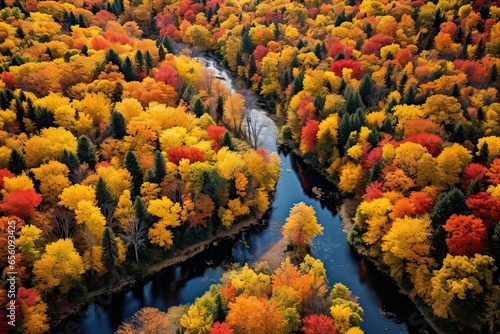 An autumn forest landscape with vibrant fall colors, winding river, and scenic beauty. Aerial view of nature's picturesque display.