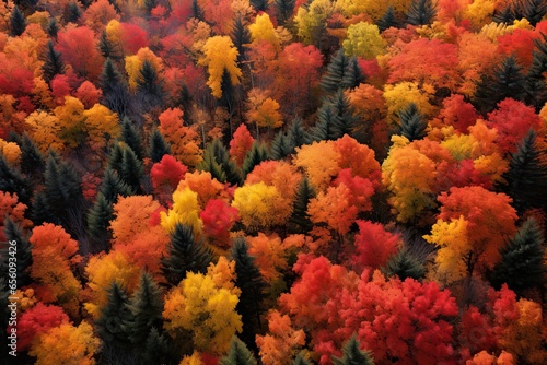 An autumn forest landscape with vibrant fall colors  winding river  and scenic beauty. Aerial view of nature s picturesque display.
