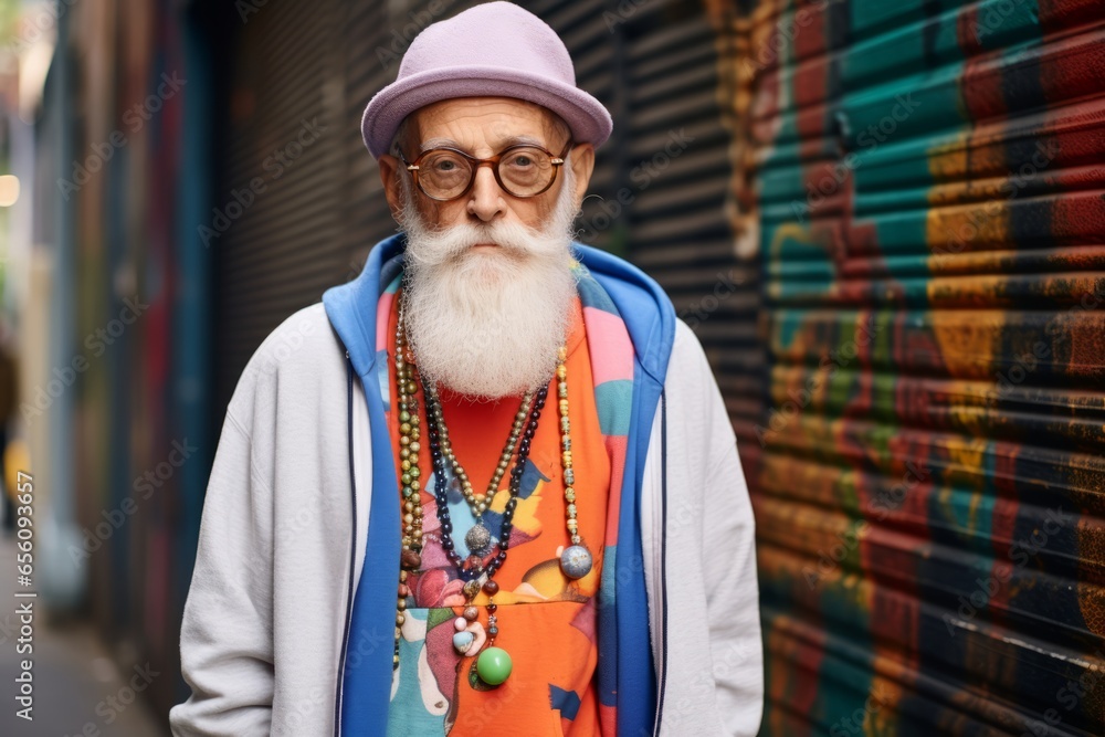 Portrait of senior hipster man with long white beard and mustache wearing stylish clothes and hat in the city.