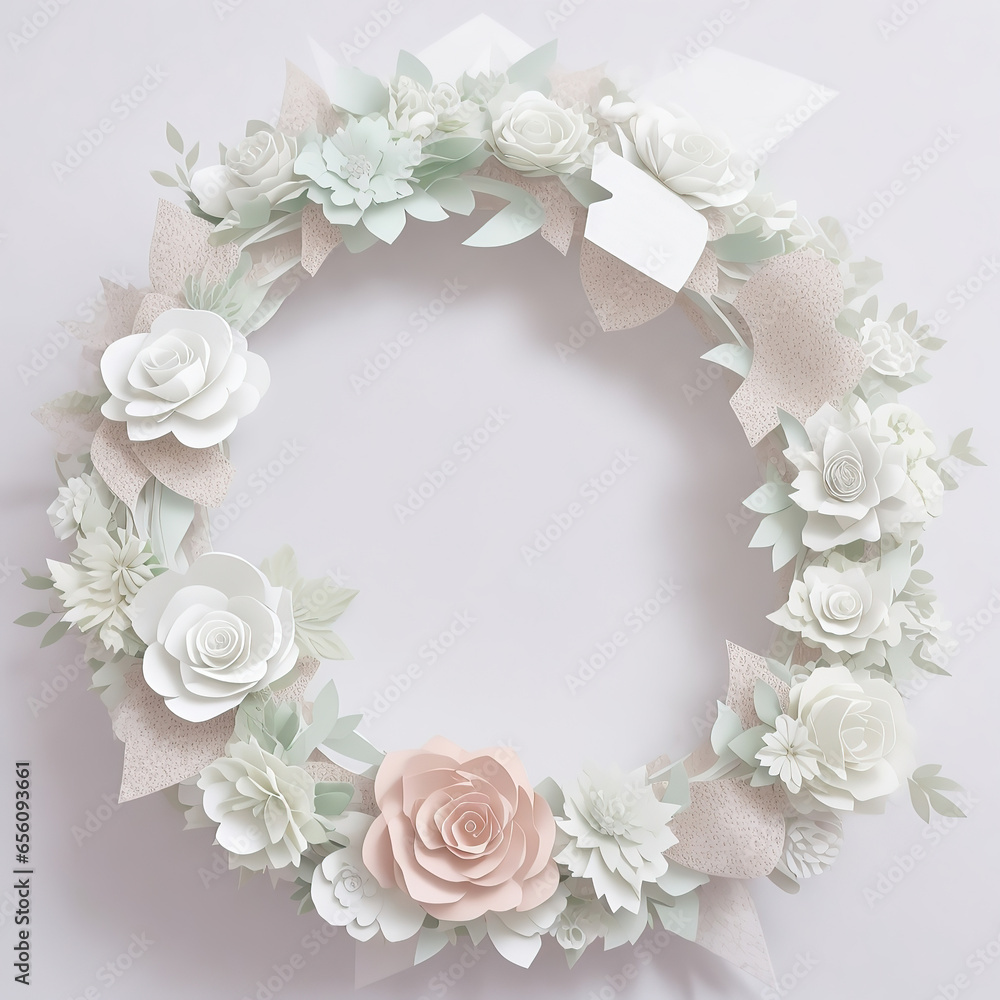 Round floral frame, on a soft pink background.
