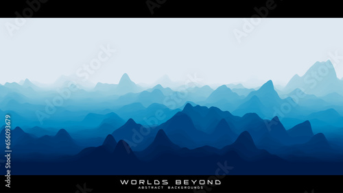 Abstract blue landscape with misty fog till horizon over mountain slopes. Gradient eroded terrain surface. Worlds beyond.