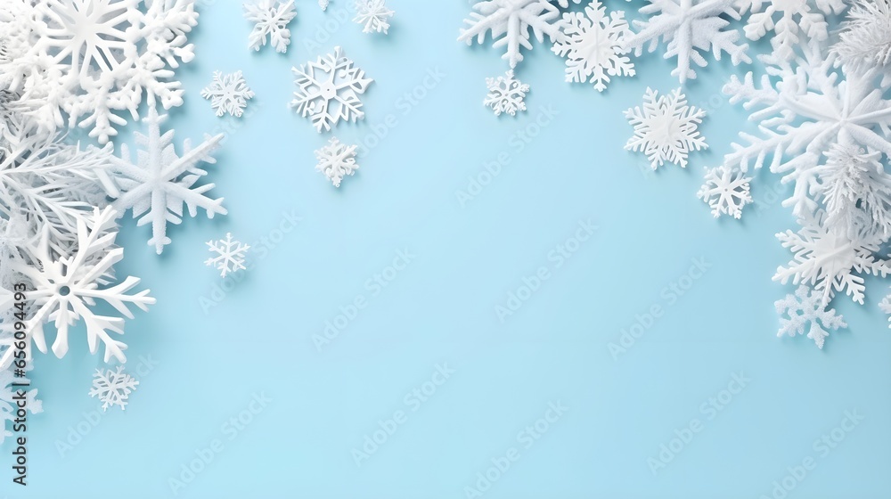 Winter white color decorations with snowflakes on a table. Minimal background with copy space.