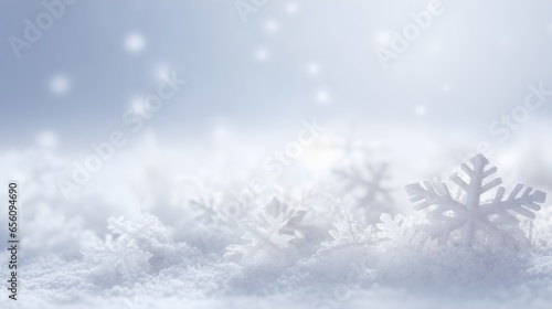 Abstract winter snow with white snowflakes confetti and bokeh. Festive minimal background.