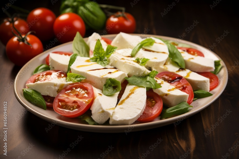 Tomato mozzarella with basil leaves Italian Dish Restaurant Plate Generative Ai
