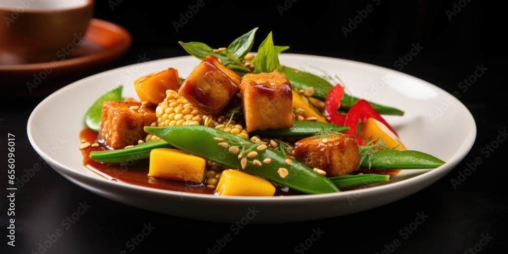 An Asianinspired masterpiece featuring a perfectly caramelized tofu stirfry, garnished with a sprinkling of sesame seeds, alongside tendercrisp vegetables, including snap peas and baby corn.