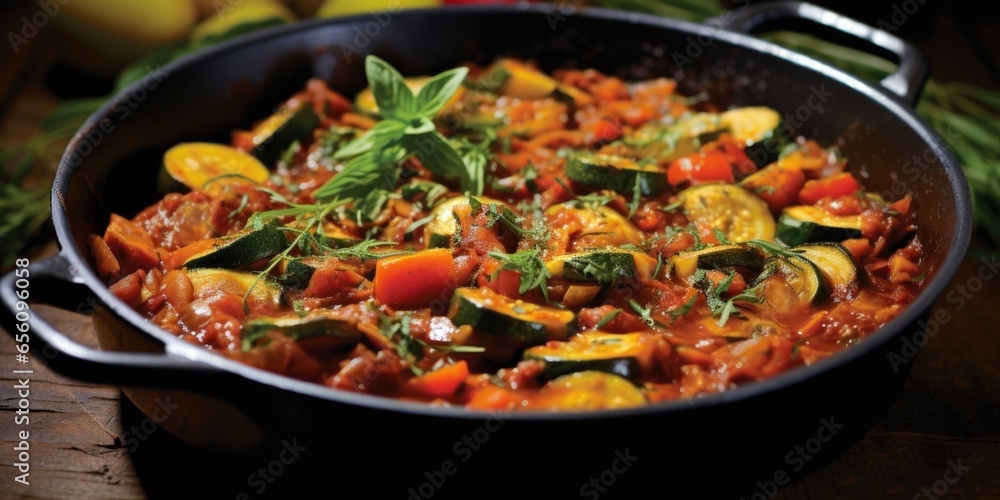 The tomatobased sauce reveals hints of earthiness and warmth, thanks to the addition of aromatic herbs like thyme and oregano, elevating the taste profile of this Vegetable Ratatouille to The tomatobased sauce reveals hints of earthiness and warmth, thanks to the addition of aromatic herbs like thyme and oregano, elevating the taste profile of this Vegetable Ratatouille to