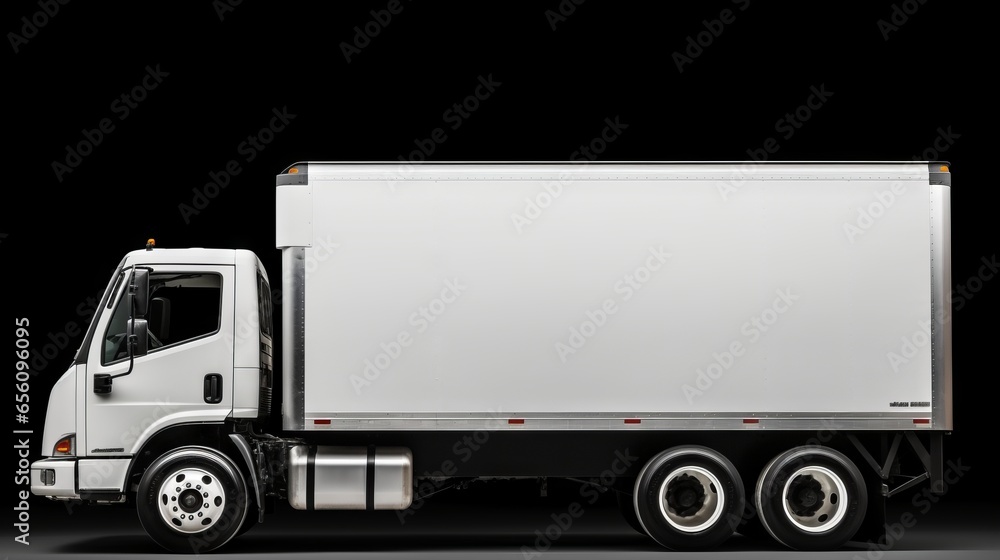 A plain white delivery or moving truck mock up with a plain background, ready for text and image to be added. Generative AI. A plain white delivery or moving truck mock up with a plain background, ready for text and image to be added. Generative AI.