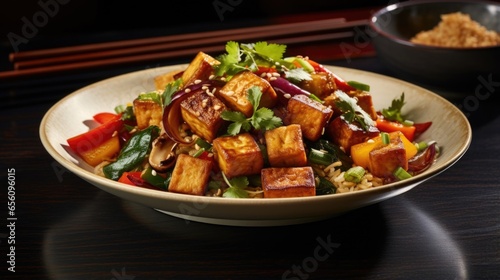 This appetizing tofu stirfry artfully blends various textures and flavors to create a truly satisfying dish. The cubes of tofu are gently panfried, resulting in a crispy exterior and a meltinyourmouth