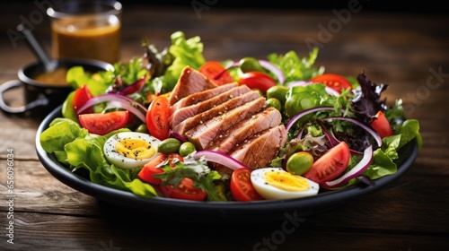 Prepare for a taste explosion with this Tuna Nicoise Salad. Tender seared tuna is the star of the show, showcased on a bed of crisp romaine lettuce leaves. To add depth, there are sliced