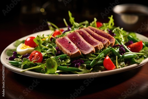 Indulge in a riot of flavors with this Tuna Nicoise Salad masterpiece. Fragrant baby arugula leaves are the perfect backdrop for meltinyourmouth slices of seared tuna. The salad is elevated