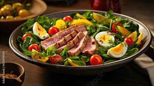 A burst of colors and textures awaits in this Tuna Nicoise Salad. Leafy green mizuna greens form the base, topped with succulent seared tuna that is rich in flavor and melts in your mouth.