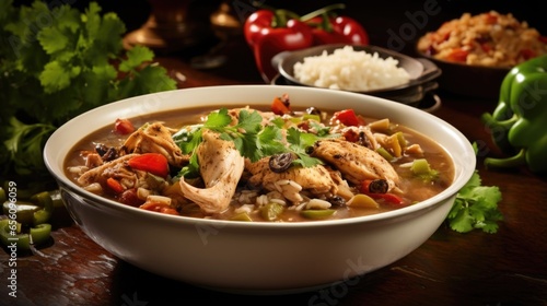 A captivating shot of a s diving into a bowl of chicken gumbo, capturing the combination of succulent chicken, hearty vegetables, and fragrant es, creating a symphony of flavors in every