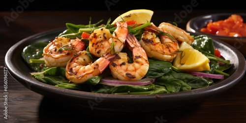 Tender, grilled shrimp mingling with verdant spinach leaves, alongside vibrant slices of roasted bell peppers, creating a tantalizing medley of rustic colors and flavors that celebrate the