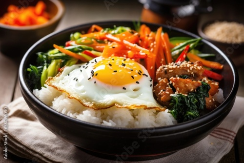 A captivating image showcasing a stunning presentation of Vegetable Bibimbap, with a colorful mix of ingredients like julienne carrots, blanched spinach, saut ed bean sprouts, and panfried