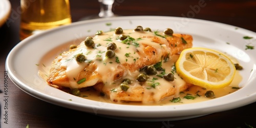 The visually striking plate showcases a skillfully cooked chicken piccata, its delicate exterior boasting an appetizing golden hue, while the tender meat lies concealed beneath a fragrant