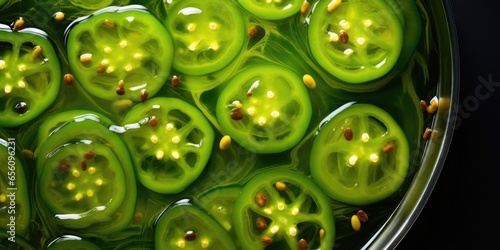 From a topdown view, finely sliced green bell peppers create a mesmerizing visual mosaic, floating in the depths of the broth. The peppers contribute a refreshing crispness, infusing the photo