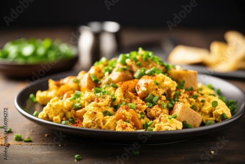 This shot focuses on a hearty tofu scramble infused with smoky es, featuring a delectable combination of crumbled tofu, diced onions, and minced garlic, perfect for breakfast or brunch.