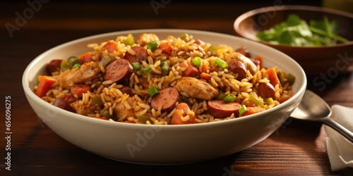 A side view capturing the lusciousness of Chicken and Sausage Jambalaya, as the tantalizing scents fill the air. The dish combines the smokiness of sausage with the juiciness of chicken,