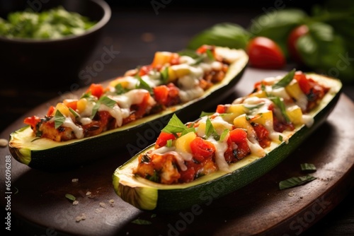 In this captivating food shot, Margherita Zucchini Boats steal the spotlight, featuring tender zucchini halves overflowing with diced tomatoes, fragrant basil leaves, and melted mozzarella
