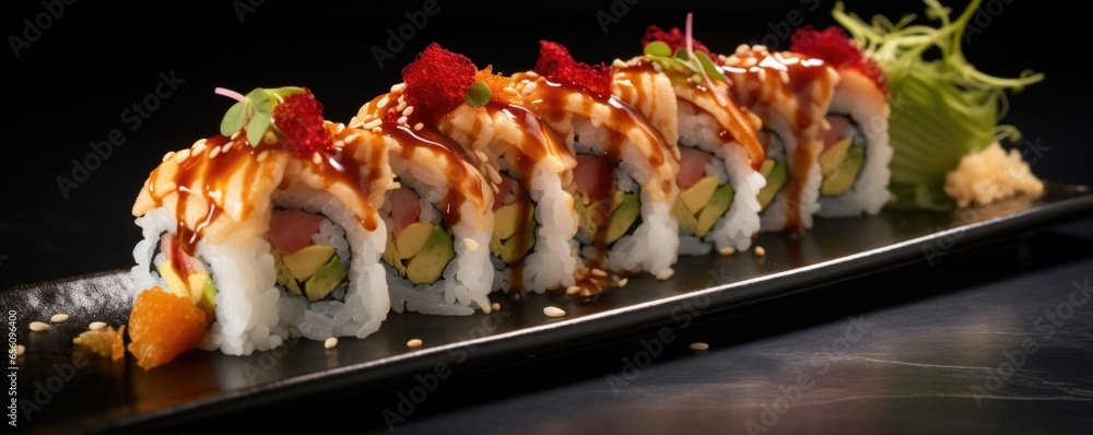 A mouthwatering sushi selection displays a range of creative fusion rolls, inspired by both traditional Japanese flavors and modern culinary innovation. One standout roll combines y tuna, A mouthwatering sushi selection displays a range of creative fusion rolls, inspired by both traditional Japanese flavors and modern culinary innovation. One standout roll combines y tuna,