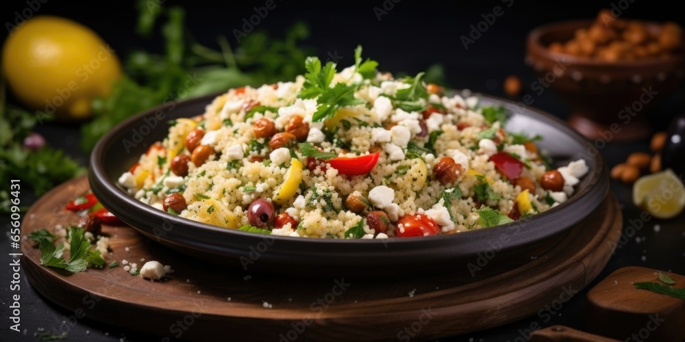 A delectable shot of a Moroccaninspired couscous salad, combining fluffy couscous with tender chickpeas, tangy feta cheese, sundried tomatoes, and a medley of fresh Mediterranean herbs, - obrazy, fototapety, plakaty 