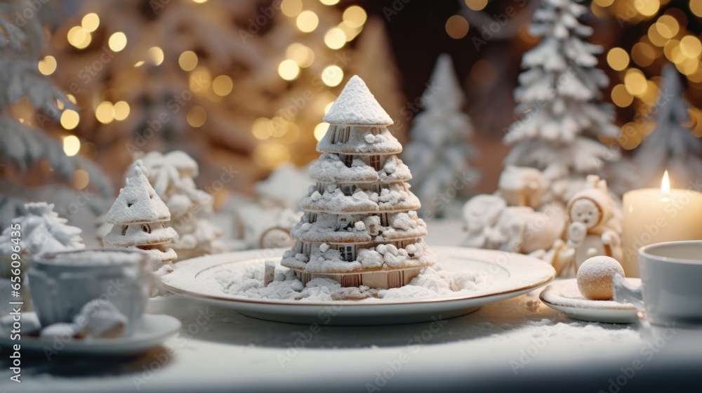 A visually pleasing shot transports us to a winter wonderland, where a tering of snowy white powdered sugar delicately dusts a stack of walnutstudded cookies, adding a touch of sweetness A visually pleasing shot transports us to a winter wonderland, where a tering of snowy white powdered sugar delicately dusts a stack of walnutstudded cookies, adding a touch of sweetness