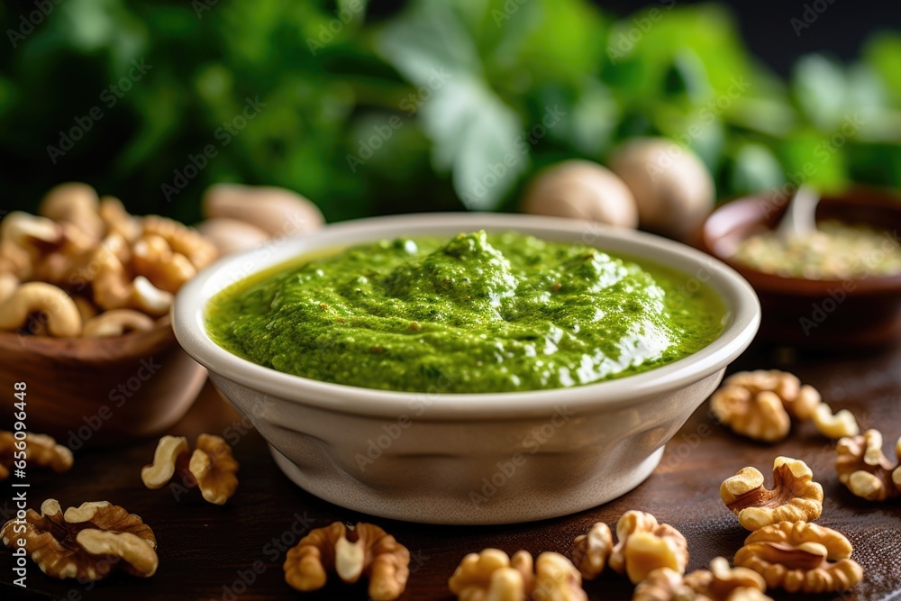 Fading into the background, the blurred bokeh highlights a delectable walnut pesto, captivating the viewer with its vibrant green color and showcasing the finely ground nuts that impart Fading into the background, the blurred bokeh highlights a delectable walnut pesto, captivating the viewer with its vibrant green color and showcasing the finely ground nuts that impart